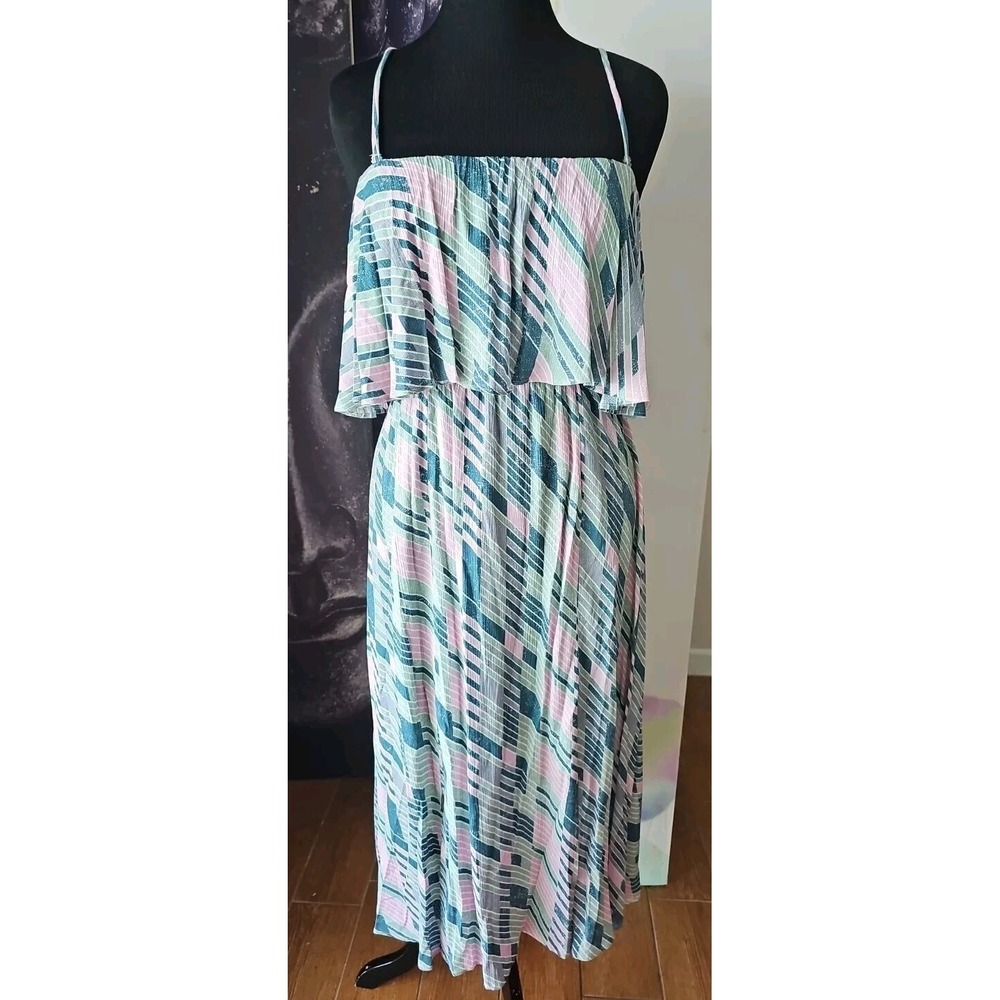 HEM & THREAD Spaghetti‎ Strap Green Printed Side Slit Long Boho Festival Dress M